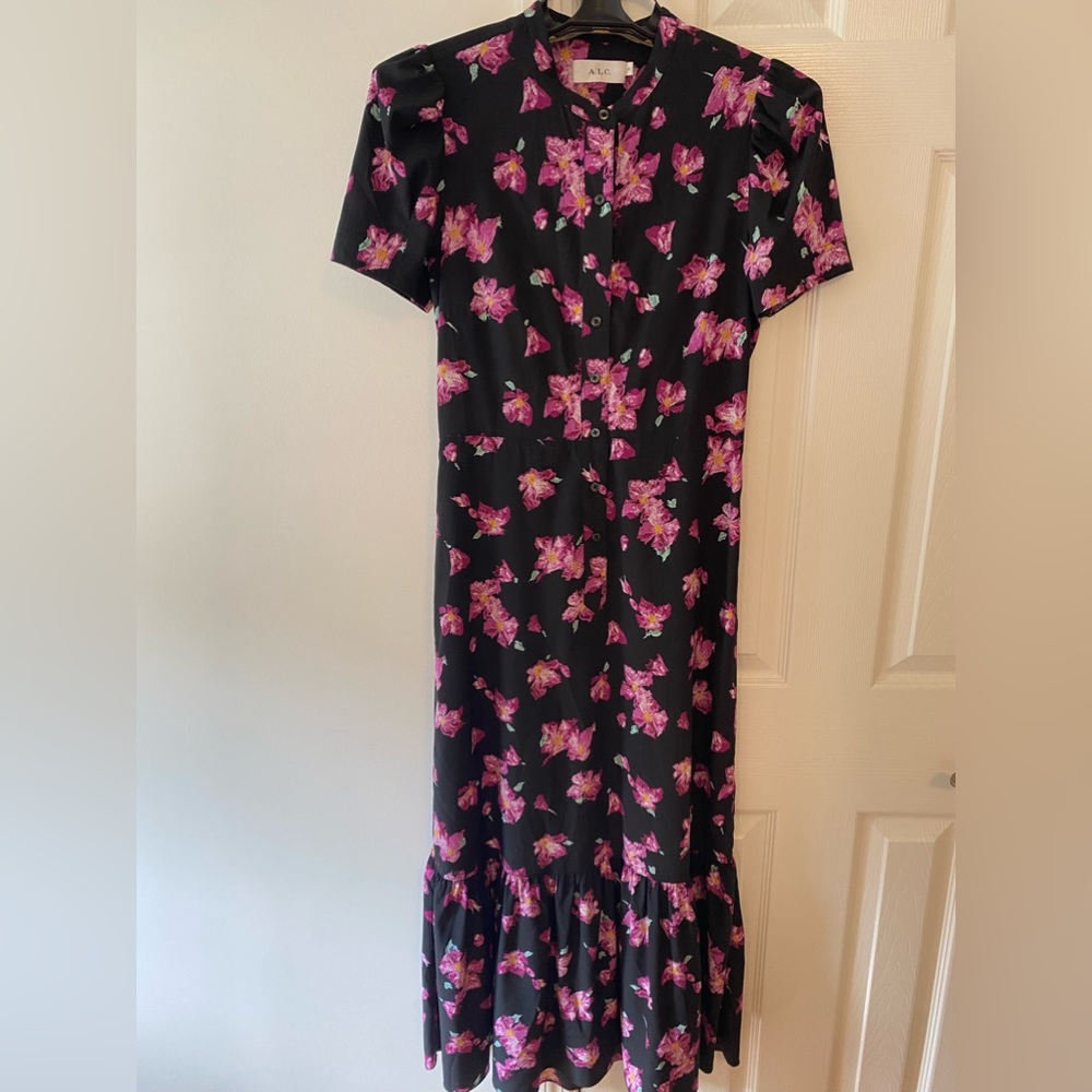 A.L.C. Short sleeve black floral dress with ruffle bottom